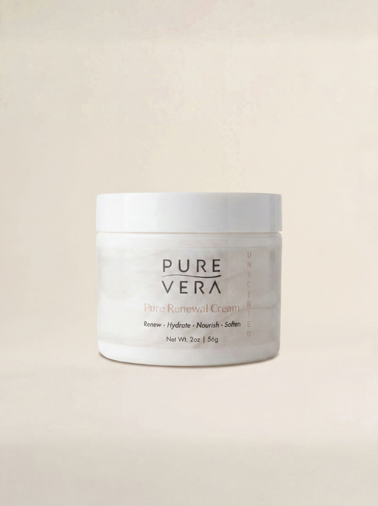Jar of Pure Vera cream on a beige background